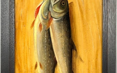 AMERICAN SCHOOL (19th Century,), Still life of two hanging brook trout., Oil on board, 15" x 9.5"
