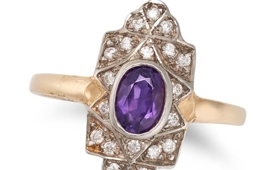 AN AMETHYST AND DIAMOND DRESS RING in 9ct white and yellow gold, the navette face set with an oval