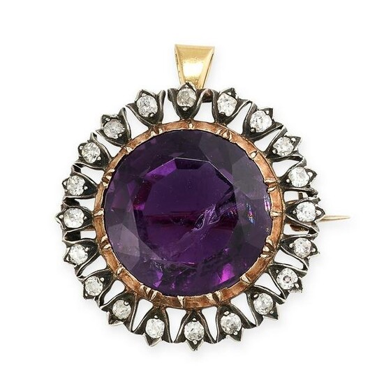 AN ANTIQUE AMETHYST AND DIAMOND PENDANT / BROOCH in