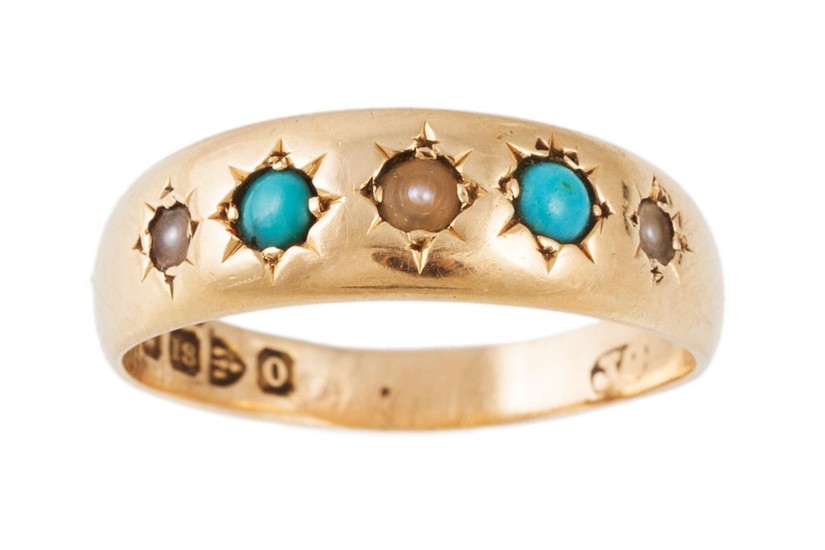 AN ANTIQUE PEARL AND TURQUOISE RING, gypsy set in 18ct gold