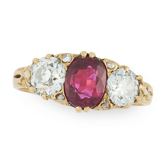 AN ANTIQUE RUBY AND DIAMOND DRESS RING in 18ct yellow
