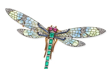 AN EMERALD, DIAMOND, SAPPHIRE, RUBY AND PLIQUE A JOUR ENAMEL DRAGONFLY BROOCH the tail set with a...
