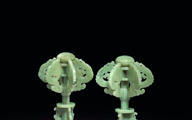 AN IMPERIAL AND EXCEPTIONALLY RARE PAIR OF GREENISH-WHITE JADE RETICULATED HAT STANDS