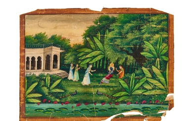 AN INDIAN MINIATURE PAINTING OF KRISHNA AND RADHA WITH PEAFOWL, NORTH INDIA, 18TH/19TH CENTURY