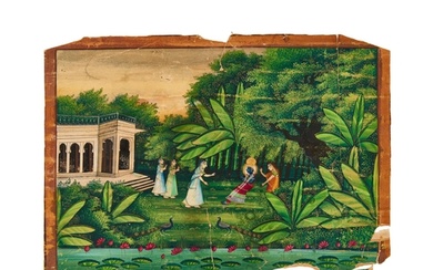 AN INDIAN MINIATURE PAINTING OF KRISHNA AND RADHA WITH PEAFO...