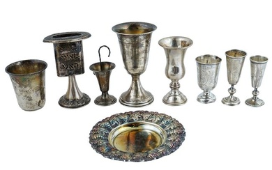 ANTIQUE JUDAICA SILVER KIDDUSH CUPS AND PLATE