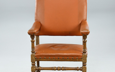 ARMCHAIR, Baroque style, stained oak frame, leather upholstery, 18th/20th century.