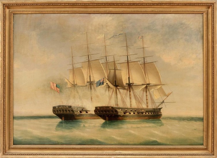 ATTRIBUTED TO WILLIAM JOHN HUGGINS, United Kingdom, 1781-1845, Battle between the Shannon and the Chesapeake., Oil on canvas, 30" x...