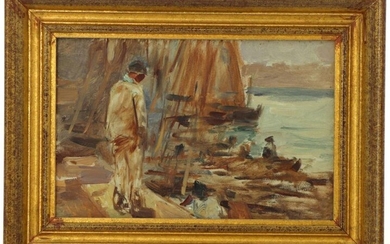 Achille GRANCHI-TAYLOR (1857-1921) "Fisherman standing on the quays", mixed technique on cardboard, studio background, unsigned, 16 x 24 cm