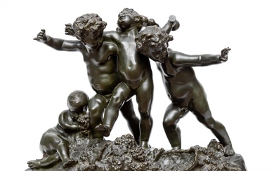 Albert-Ernest Carrier-Belleuse (1824-1887), groen gepatineerd bronzen sculptuur 'vier Bacchanten';