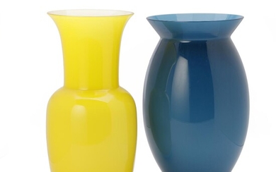 SOLD. Alessandro Mendini, a.o.: Two vases of resp. blue and yellow glass, the yellow vase with white glass underlay and foot. H. resp. 29 and 27.5 cm. (2) – Bruun Rasmussen Auctioneers of Fine Art