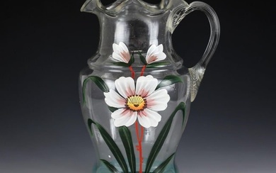 American Hand Blown Art Glass Pitcher, hand painted enamel flower, Mid century