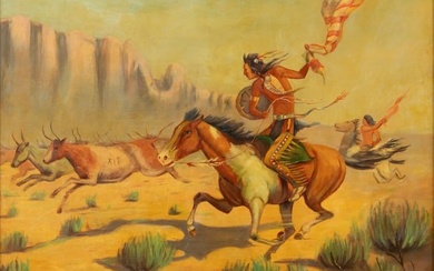 American Oil on Canvas, Ca. 20th C., "Native Americans Driving Cattle, Signed", H 20" W 24"