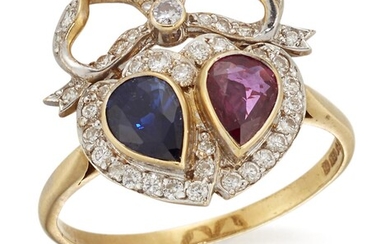 An 18ct gold, diamond, sapphire and ruby twin heart cluster ring, designed conjoined heart shaped clusters, one set with a pear-shaped ruby, with brilliant-cut diamond surround, to diamond bow surmount, London hallmarks, 1990, ring size M