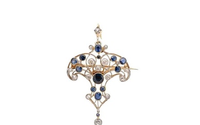 An Art Nouveau sapphire and diamond pendant/brooch