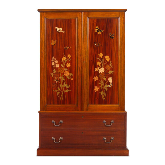 An English Mahogany and Marquetry Butterfly Collector's Cabinet with a Collection of Specimens