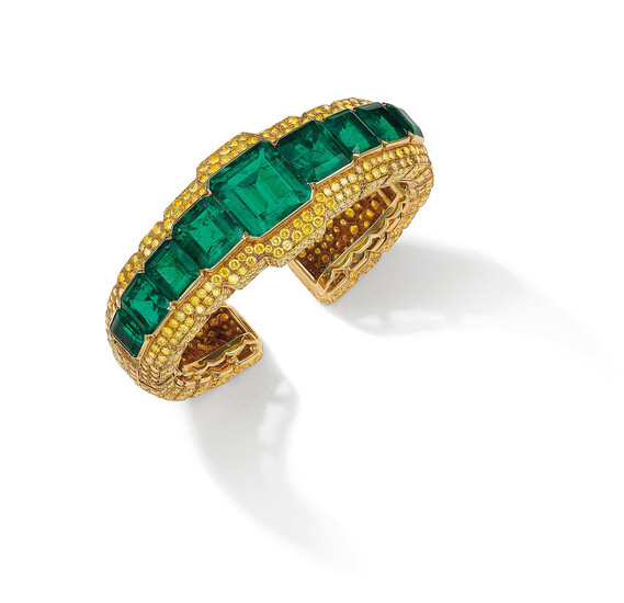 An Impressive Emerald and Coloured Diamond Bangle