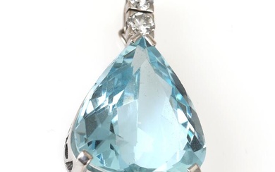 An aquamarine and diamond pendant set with a fancy-cut aquamarine and two...