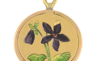 An early 20th century 15ct gold and enamel locket pendant, depicting violet flower.