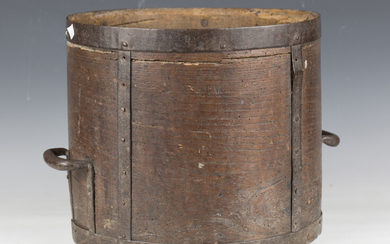 An early/mid-19th century bentwood and metal mounted grain measure, stamped 'Oxon 1835 Dt No 2&