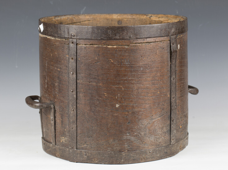 An early/mid-19th century bentwood and metal mounted grain measure, stamped 'Oxon 1835 Dt No 2&