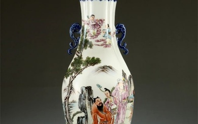 An exquisite blue and white famille-rose landscape and character story vase