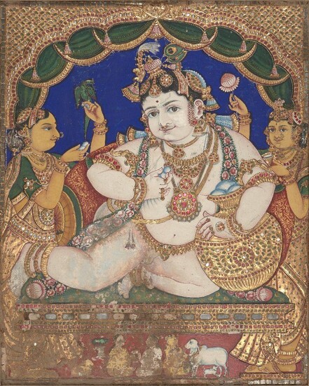 An icon of the child Krishna, Tanjore, South India, late 19th-early 20th century, opaque pigments, gold leaf and sukka (limestone paste) on cloth stretched over wood, the light-skinned god seated on a low backless throne-chair, holding a flower bud...