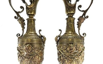Antique French pair of bronze ewers with a marble base
