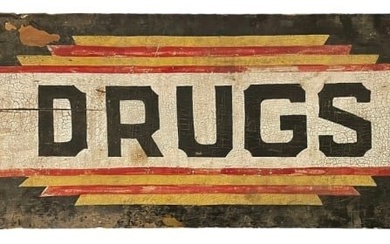 Antique Hand Painted Wooden Sign, "Drugs"