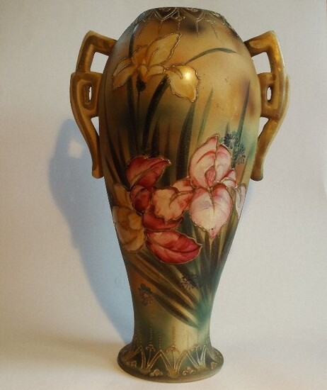 Antique Japanese Art Nouveau vase, Irises, 1920s