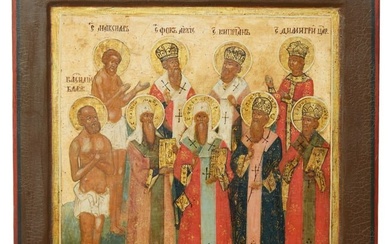 Antique Russian Icon of Nine Selected Saints, 19th c., H.- 14 5/8 in., W.- 12 in.