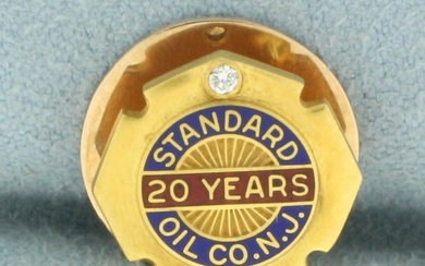 Antique Standard Oil Co. N.J. 20 Years Enamel Diamond Pin in 14k Yellow Gold