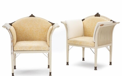 NOT SOLD. Anton Rosen: A pair of armchairs of white lacquered wood with bronzed ornaments. Cushions upholstered with yellow and white fabric. – Bruun Rasmussen Auctioneers of Fine Art