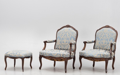 Armchairs, a pair, and a stool, Rococo style and Rococo, circa 1900 and 18th century.