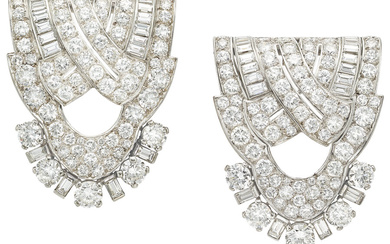 Art Deco Diamond, Platinum, White Gold Clip-Brooches, French Stones:...