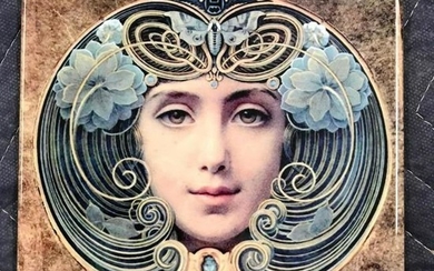 Art Nouveau-style Face in Hand Mirror, Ceramic Art Tile