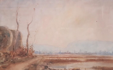 Auguste RAVIER (1814-1895) "Paysage à l'étang" Aquarelle, signée en bas à droite. 23 x 31...