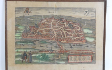 BRAUN HOGENBERG d'après : Vue générale de BLOYS (1572). Gravure en noir réhaussée. 38.5 x...