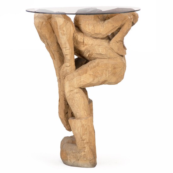 SOLD. Bendt Ulrich Sørensen: Sitting figure. Unsigned. Sculpture in wood with glas on top. H. 107 cm. B. 74 cm. D. 50 cm. – Bruun Rasmussen Auctioneers of Fine Art