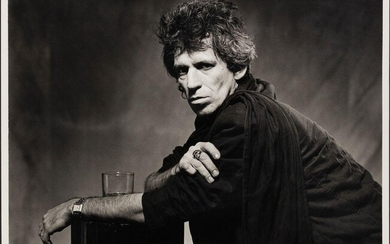 Bob Carlos Clarke, Irish 1950-2006- Keith Richards, 1986; gelatin silver print on photographic paper, signed dated and inscribed Test Print in black ink, a test print before the later edition of 25, image 45 x 56.7cm (framed) (ARR) Provenance:...