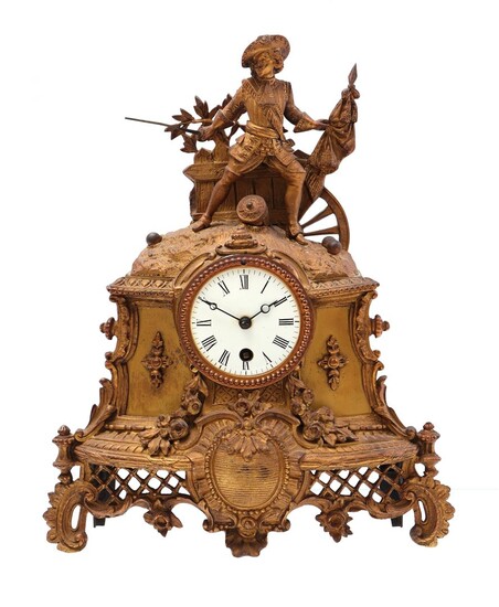 (-), Bronze mantel clock with enamel dial with...