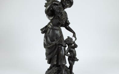 Bronze sculpture Girl with child on marble base, signed, after Auguste MOREAU