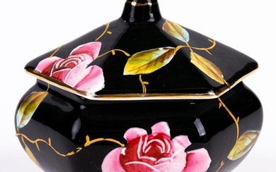 Burslem Porcelain Black Ground Roses Lidded Trinket Box