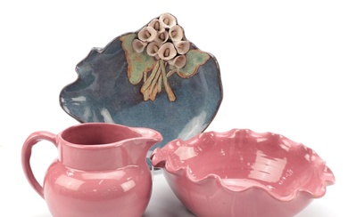 Bybee Pottery Pink-Glazed Bowl and Pitcher with Studio Pottery Calla Lilies Dish