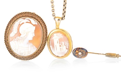 CAMEO BROOCH, PENDANT AND A STICK PIN