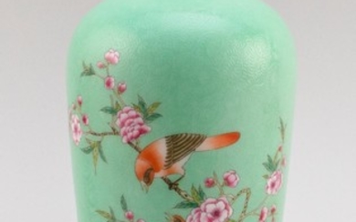 CHINESE FAMILLE ROSE PORCELAIN MEIPING VASE Decoration of two songbirds on a flowering tree branch on a celadon green ground with in...