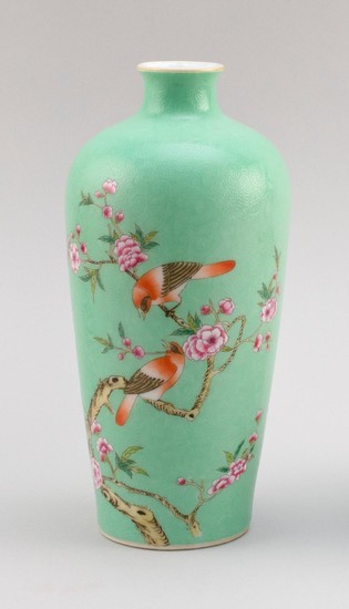 CHINESE FAMILLE ROSE PORCELAIN MEIPING VASE Decoration of two songbirds on a flowering tree branch on a celadon green ground with in...