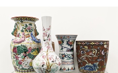 CHINESE PORCELAIN VASES, three including a bottle vase and a...