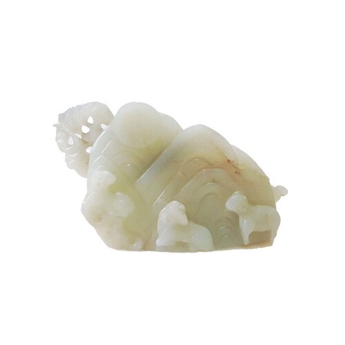 CHINESE WHITE JADE FIGURE GROUP DEPICTING LAMBS ON A MOUNTAI...