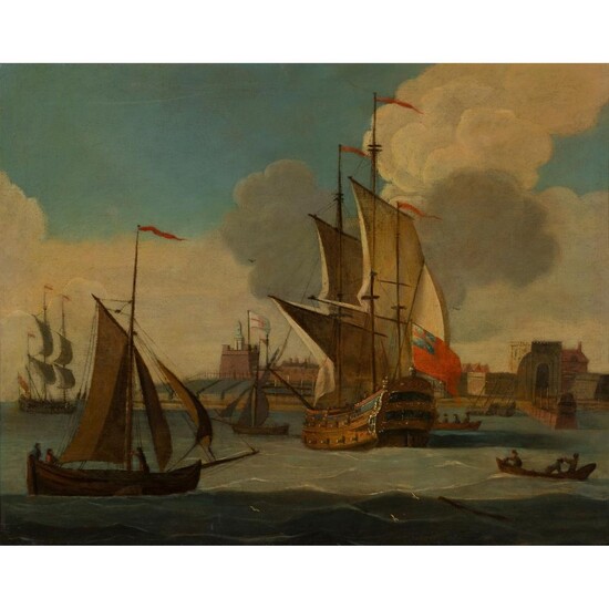 CIRCLE OF FRANCIS SWAINE (BRITISH 1725 - 1782) WARSHIPS IN FRONT OF A FORTIFIED PORT